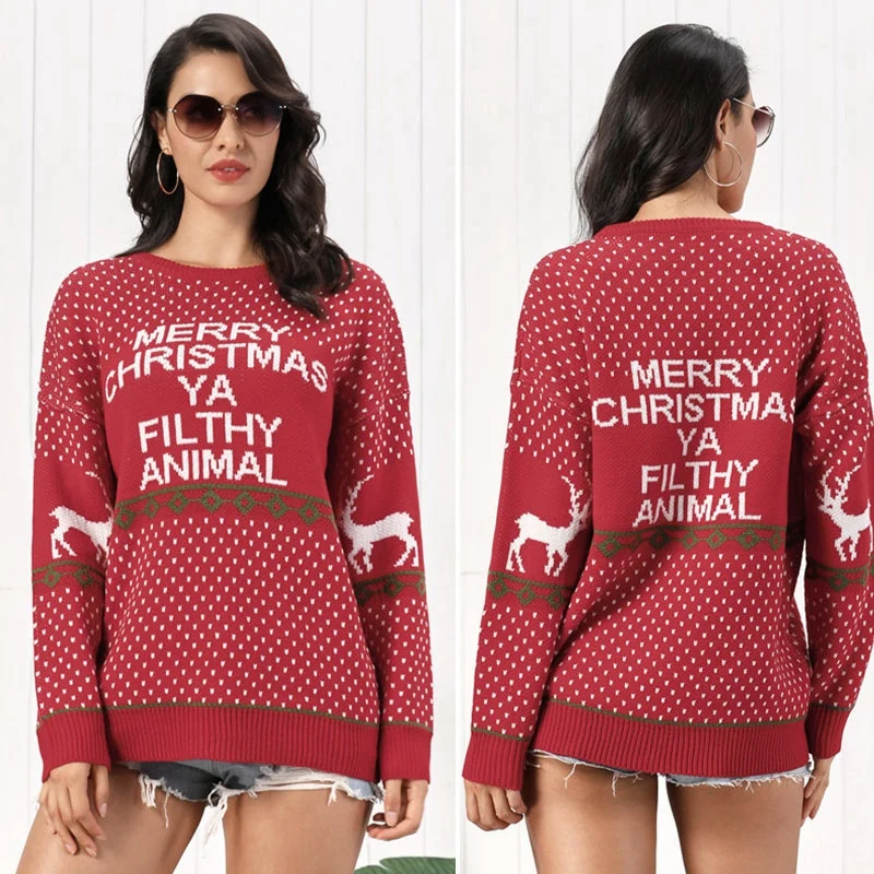 

Women Winter Merry Christmas Sweater Knitted Jumper Pullover Sweater Snowflake Elk Print Sweaters Pullovers Red