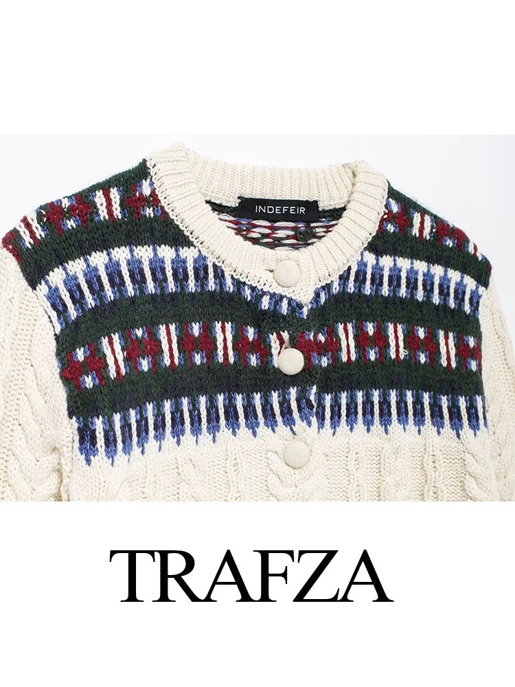 TRAFZA Осенняя женская элегантная жаккардовая лоскутная вязаная куртка с длинными