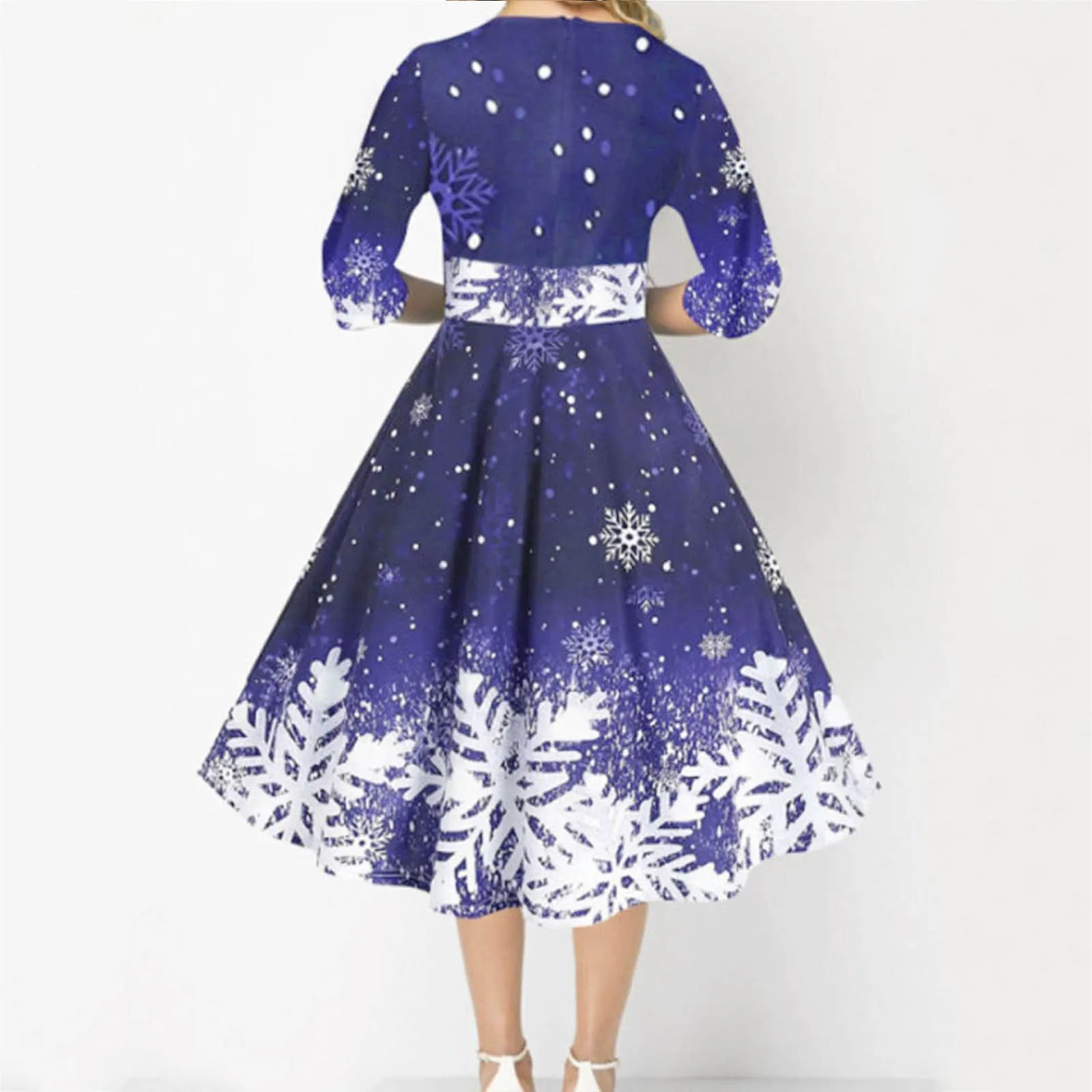 

Рождественское платье в стиле ретро с рождественским принтом снежинок, длинное платье с круглым вырезом и рукавом до локтя, женские платья ...