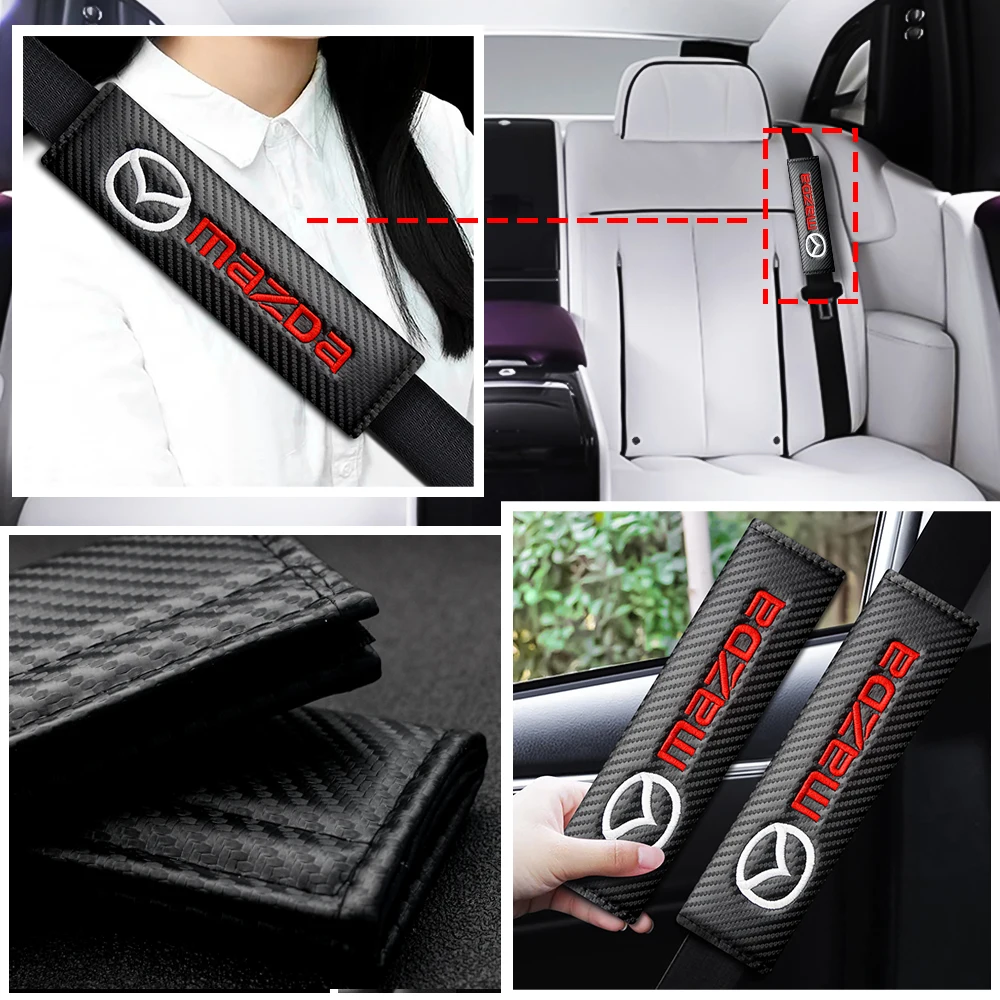 

2pcs of Car LOGO Carbon Fiber Leather Seat Belt Shoulder Cover Protection Pad For Mazda 3 6 CX5 5 2 323 CX7 Demio Atenza MX30