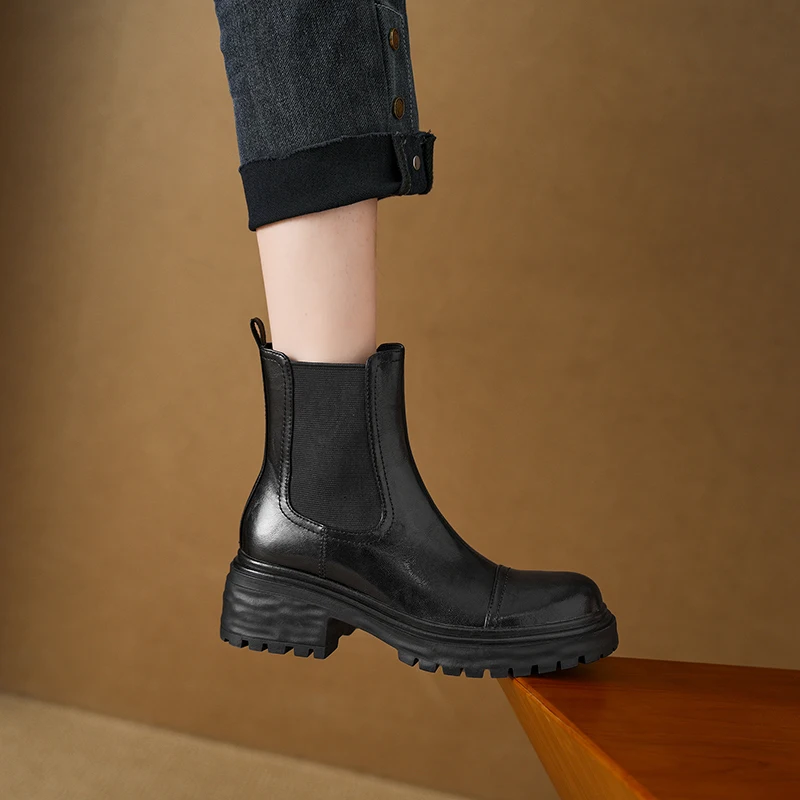 Women's Classic Winter Leather Chelsea Boots with Chunky Lug Sole Round Cap Toe and Elasticized Sides for Easy Slip-On