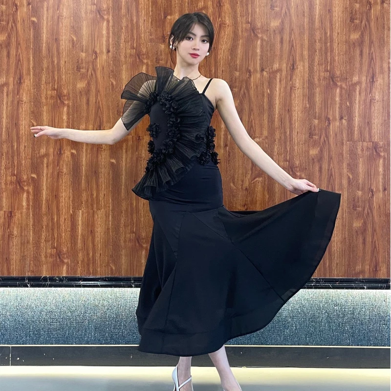 

2022 New Modern Dance Dress Black Sling Mesh Panel Latin Competition Dance Dress Women Stage Performance Practice Wear SL6656