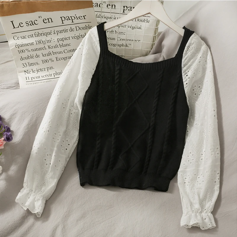Hollow Out Patchwork Sweater Blouse Women 2021 Spring Cotton Elegant Vintage Shirt Ladies Office Sexy Long Sleeve Versatile Top