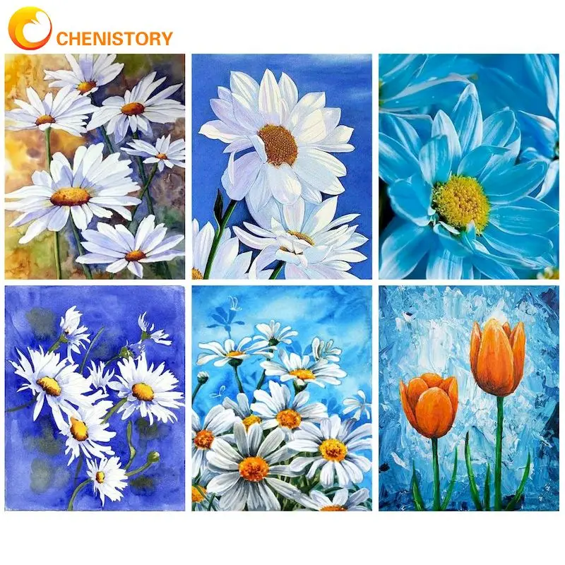 

CHENISTORY Oil Paint By Numbers Handmade Drawing By Numbers White Chrysanthemum Painting Numbers For Adults Home Decor