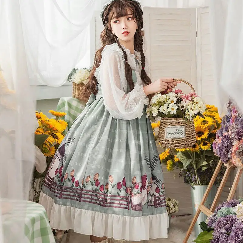 

Cute Lolita Skirt Print Sling Dress Maid Dress Country Style Jsk Bow Lace Edge Sleeveless Vintage Gothic Cartoon Tea Party