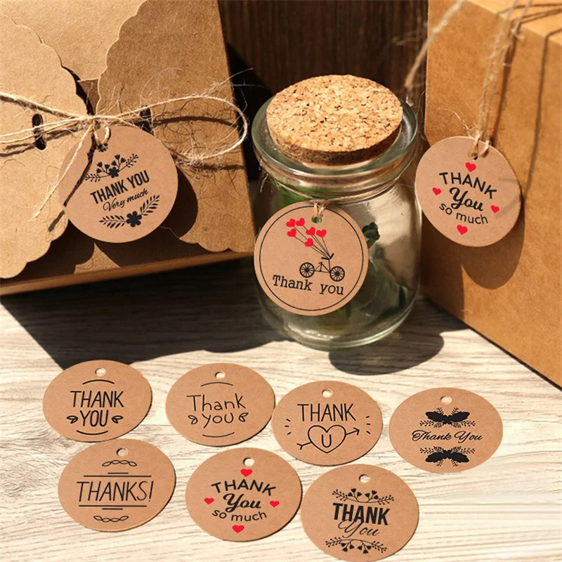 

100Pcs/lot Vintage Kraft Paper Thank You Hearts Label Tags For Bussiness Wrapping Paper Hanging Tags Cards Crafts Party Supplies