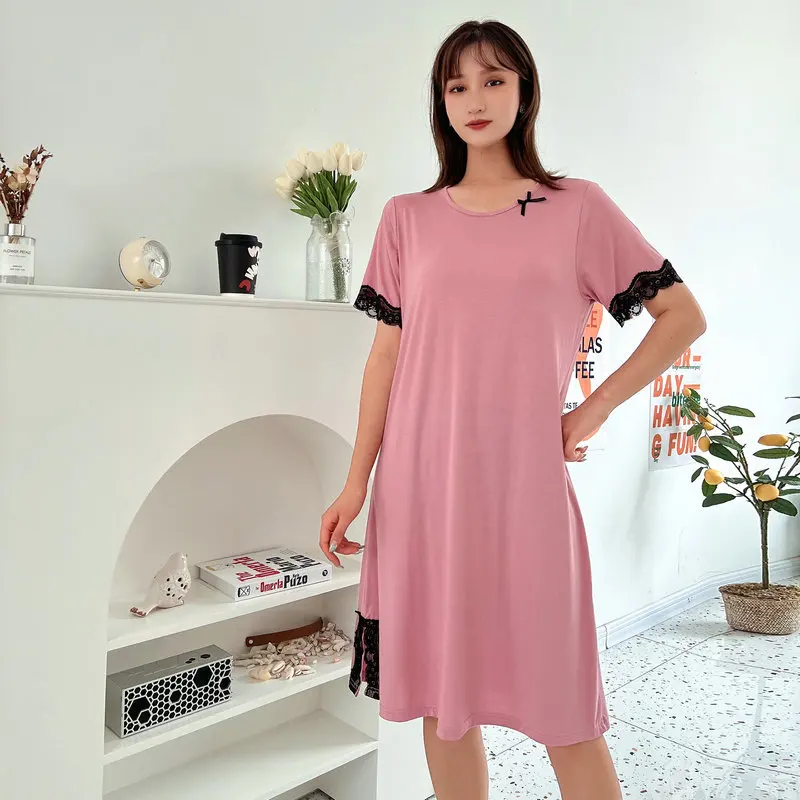 Modal Sleeping Nightshirt Women Spring Summer Nightgowns New Large Size Lace Night Dress Casual Loose Female Nightwear Dresses