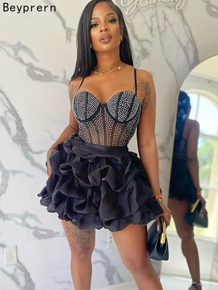 

Beyprern Luxury Woman Evening Dress Glam Mesh Rhinestone Ruffle Cake Dress Crystal Night Dress Birthday Outfits Female Vestidos