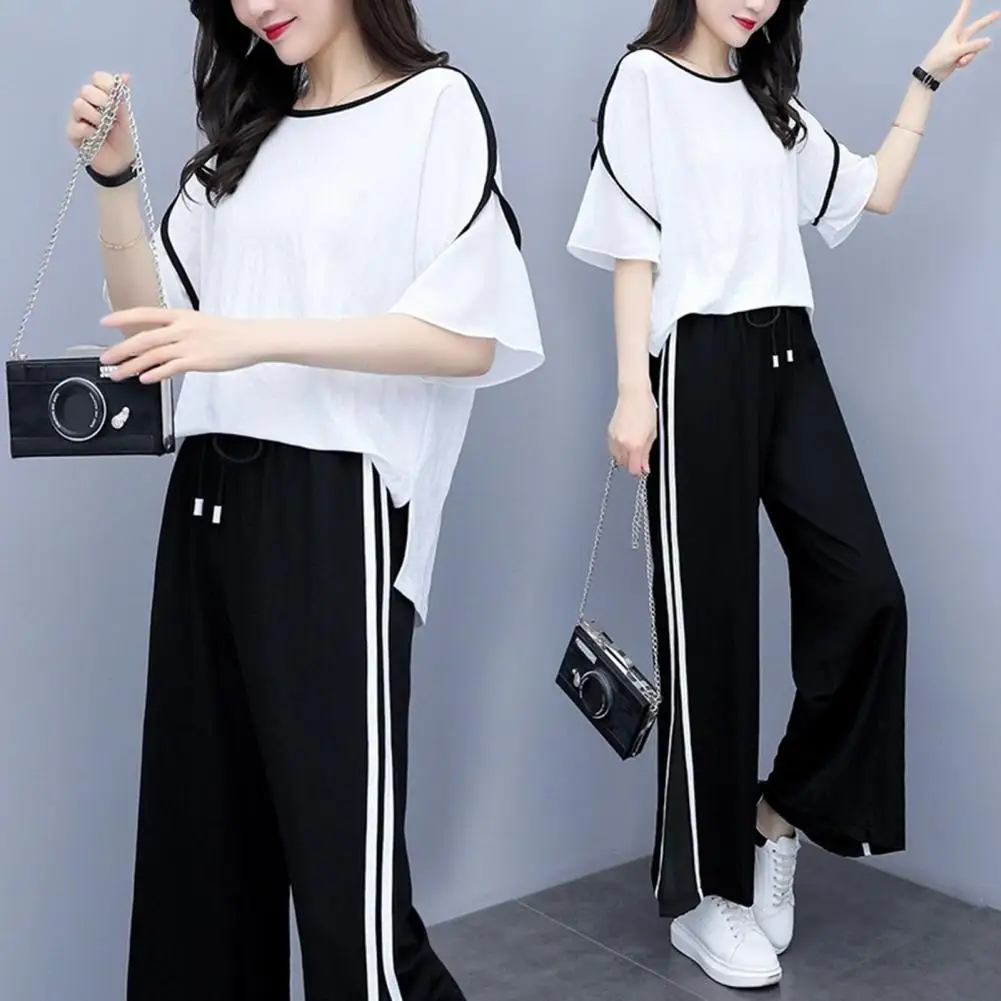 

2Pcs/Set Summer Outfit Pockets Loose Outfit Flared Half Sleeve Casual T-shirt Long Wide Leg Pants Outfit Daily Garment