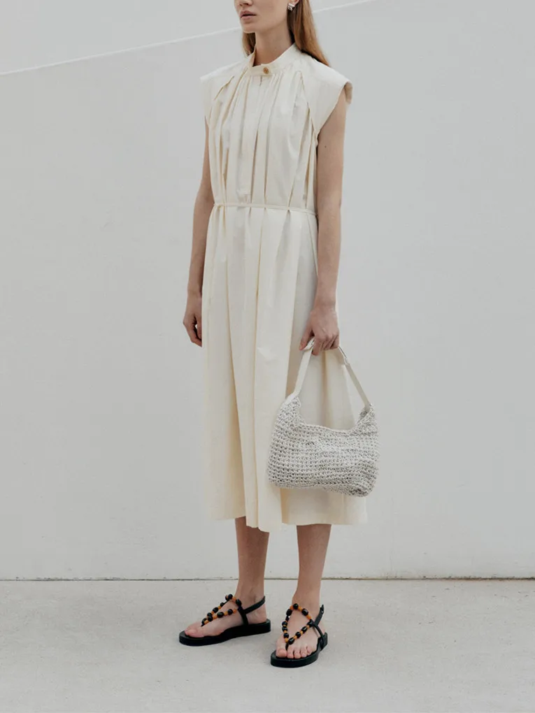 

2022 Summer New Women's Cotton Midi Dress with Sashes Button Pleated Sleeveless Stand Collar Temperament Female Loose Robe