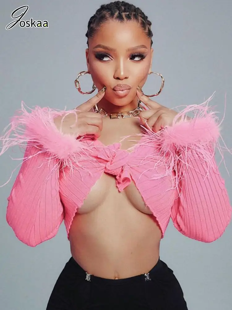 

Joskaa Ribbed Knitted Pink T-Shirts Women Sexy Deep V-Neck Feather Long Sleeve Slim Crop Tops Fall 2023 Fashion Tees Streetwear
