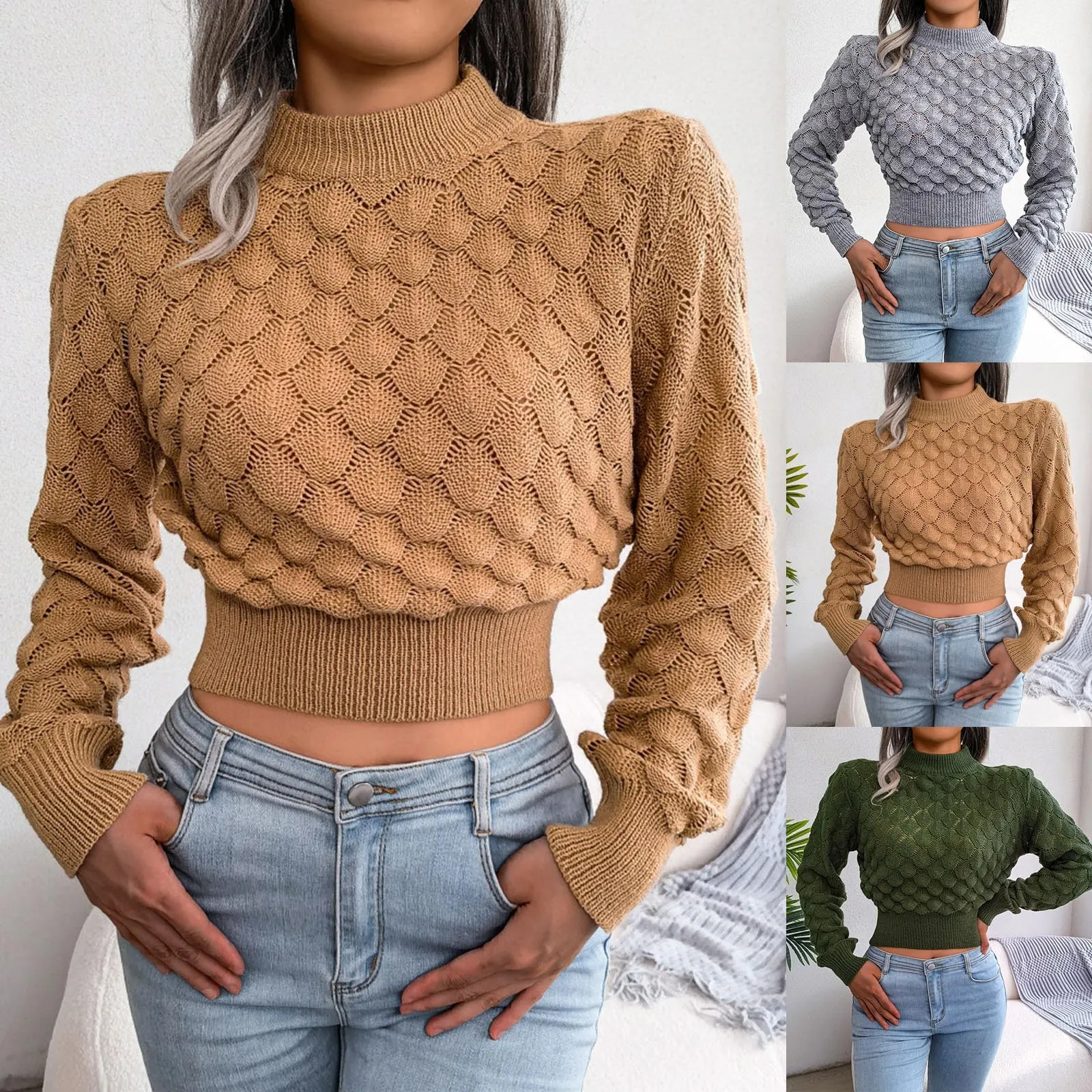 

Knitted Sweater Women Solid Basic Cropped Pullover Long Sleeve Knit Jumper Tops Sweaters Slim Jumper Soft Warm Pull Femme Female