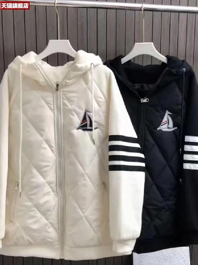 Autumn and Winter Embroidery Patchwork Sailing Cotton-Padded Coat Preppy Solid Jacket Warm Couple Hood Cotton-padded jacket O...
