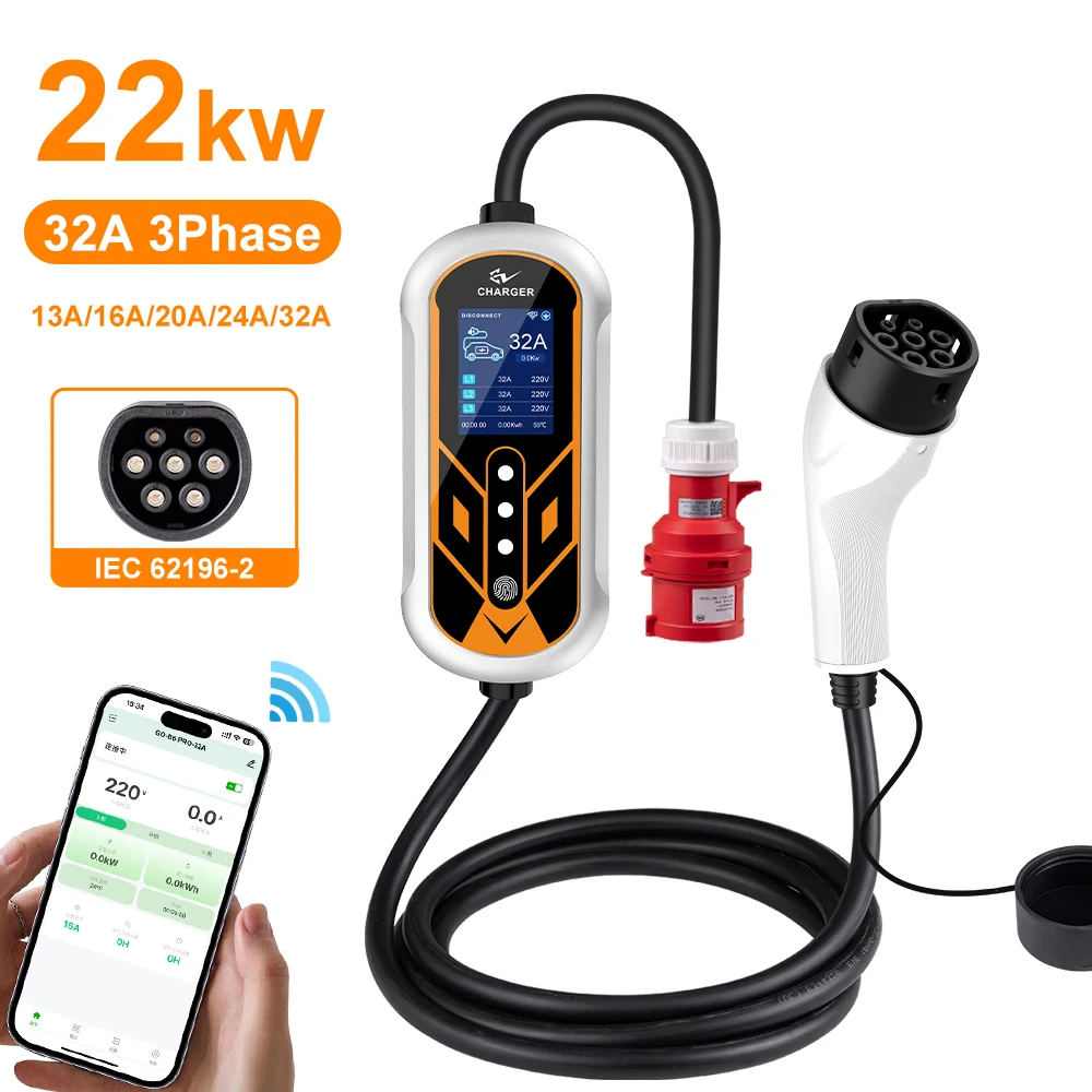 

ADPOW Портативные 32A Type2 Зарядные устройства для электромобилей 3-фазные 22 кВт Красный 5-контактный разъем CEE 5M Кабель WIFI APP Управление Аксессуары для зарядки электромобилей