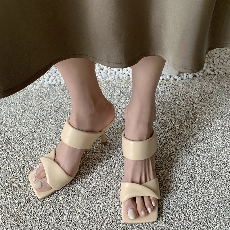 

Women Sandals Real Leather Square Toe High Heel Slingbacks 2022 Fashion Shoes Solid Color Club Casual Footwear Size