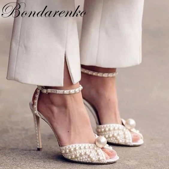 Wedding White Heel Jewelry Peep Toe Sandals Pearls Ankle Strap Thin Heel Pumps Evening Party Designer Shoes Big Size 2022 New