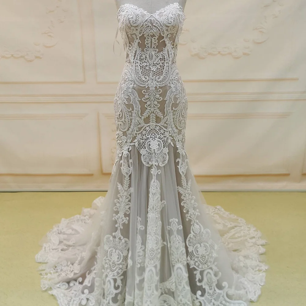 Плиссированные милые кружевные свадебные платья русалки без бретелек по