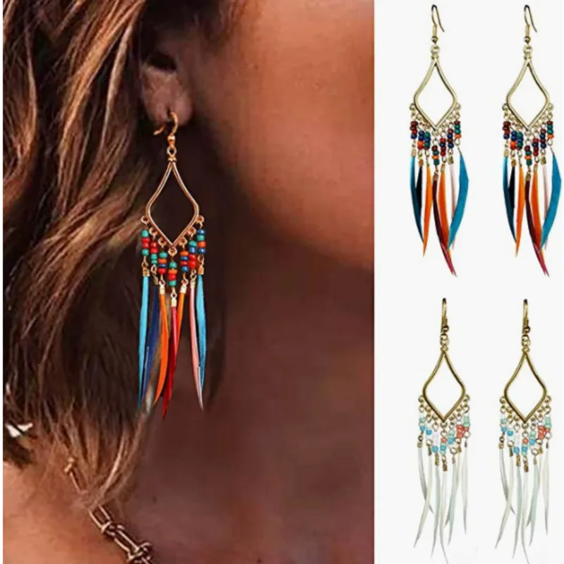 

Bohemian Colorful Long Women Bead Feather Tassel Earrings For Women Boho Jewelry
