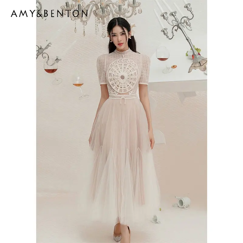 French Style Elegant Retro Short Puff Sleeve Dress for Women 2023 Summer New Niche Design Embroidered Mesh Long Dress