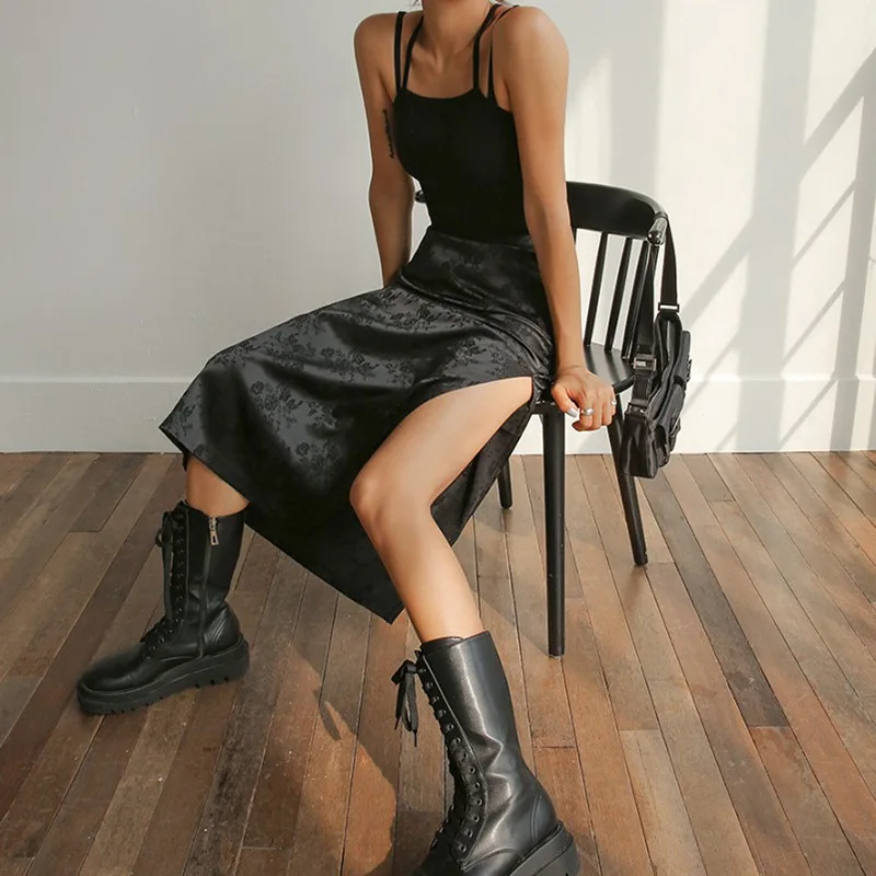 

Женская Жаккардовая юбка с высокой талией, асимметричная юбка миди с темным узором и разрезом, 2023