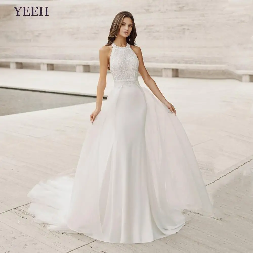 

YEEH Halter Mermaid Wedding Dresses Elegant Sleeveless Lace Robe Mariée Stain Sweep Train Trumpet Vestido De Novia Sirena 2023