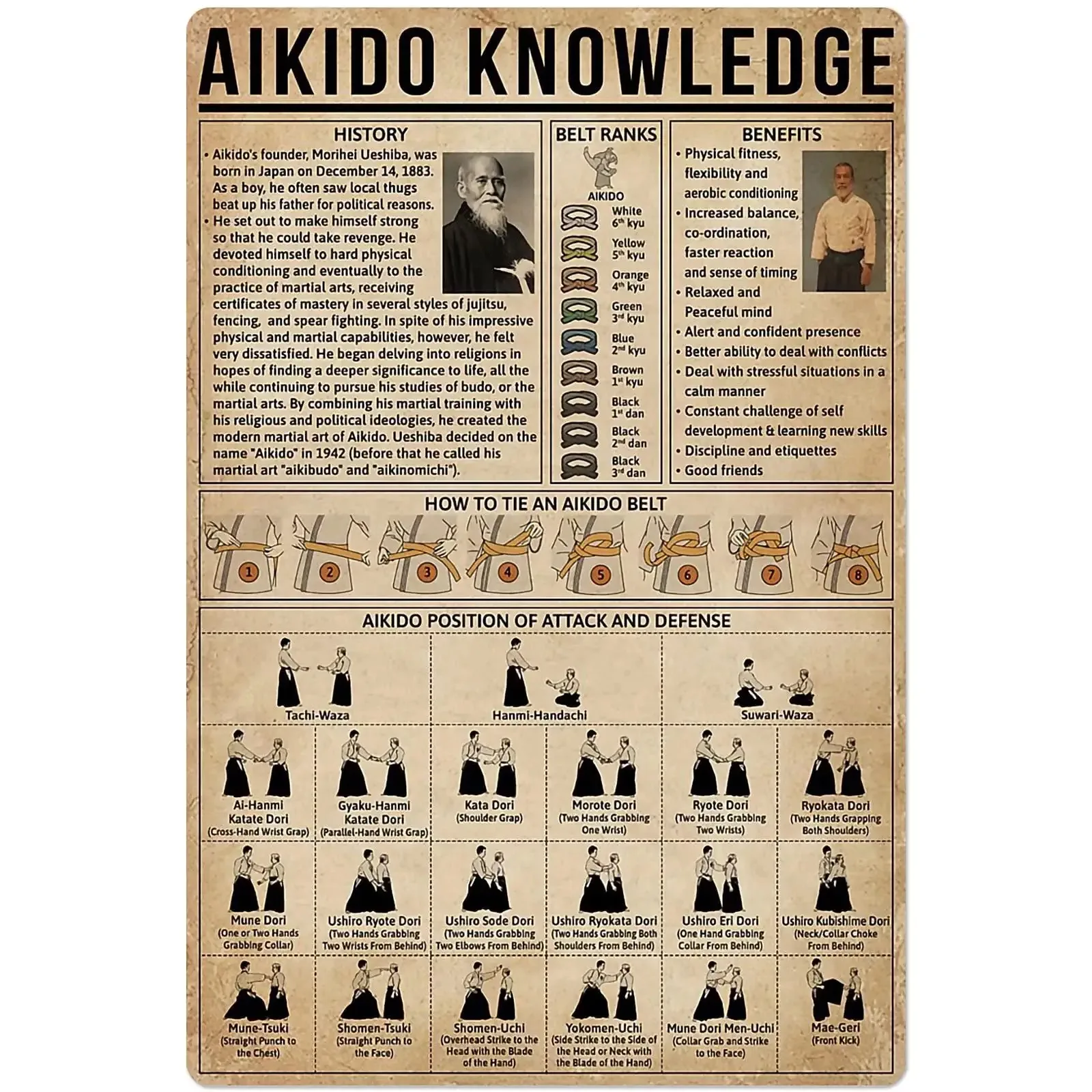 

Знания Aikido, металлическая жестяная вывеска, Постер-руководство по происхождению, плакат для боевых искусств, тренажерного зала, клуба, школ...
