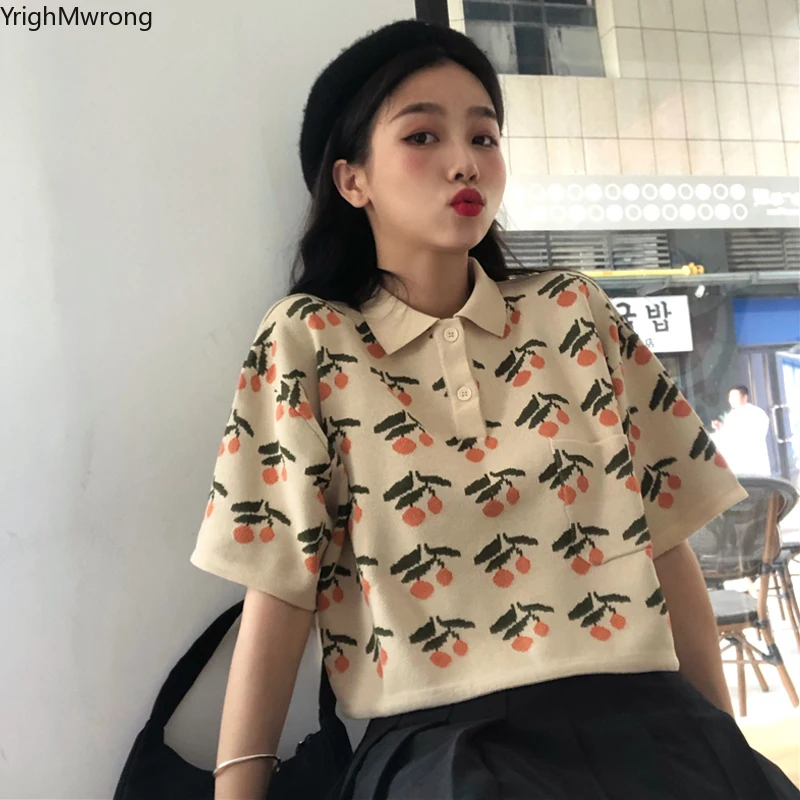 

Side String Adjustable Waist Loose Button Turndown Cute Floral Graphic Knit Crop Top Korean Women Pull T Shirt T-Shirt Aesthetic