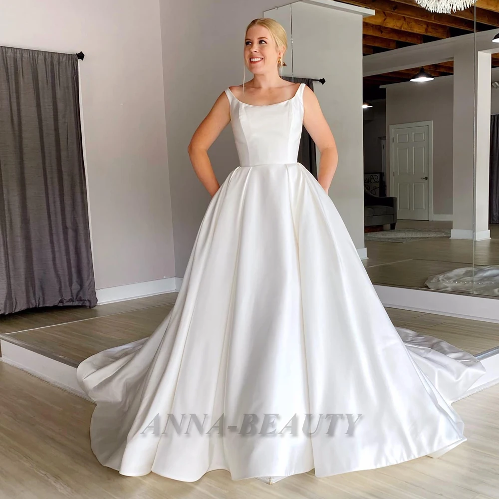 

Anna Satin A-Line Wedding Gowns for Women 2024 Bride Elegant Scoop Neck Zipper with Button Court Train Robe De Soirée De Mariage