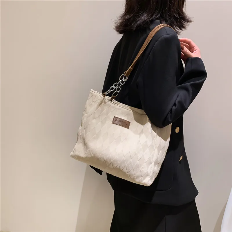 Purses and Handbags for Women Checked Bag Khaki Large Capacity Bag Fashion Simple Canvas ShouldBag New Design Handbag Campus