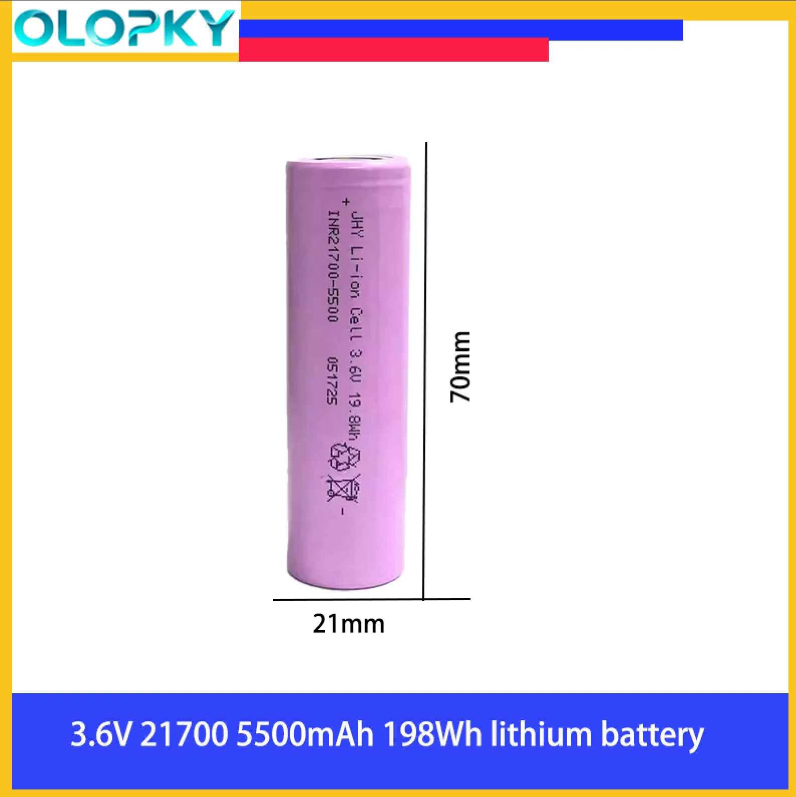 Фото Аккумулятор 3.6V-5500mAh 21700, перезаряжаемая литиевая батарея, подходит для налобных фонарей, бритв, электрических игрушек, электроинструментов. №1