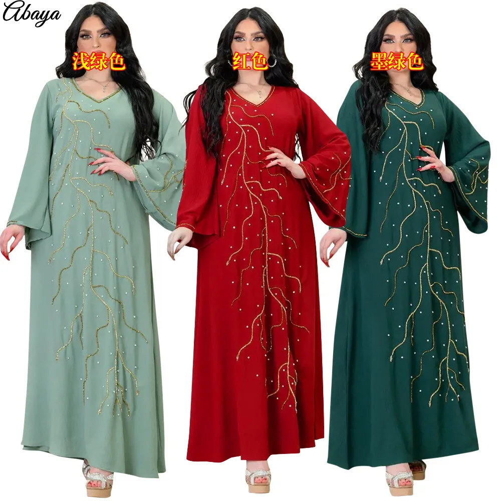 

Muslim Middle East Saudi Arabia Dress Rhinestones Beading Loose Robes Flare Sleeves Dubai Abaya Turbante Mujer Elegante