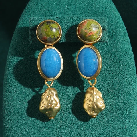 Серьги-капельки LOVE GREEN LIVE GREEN из меди с натуральным камнем голубого цвета