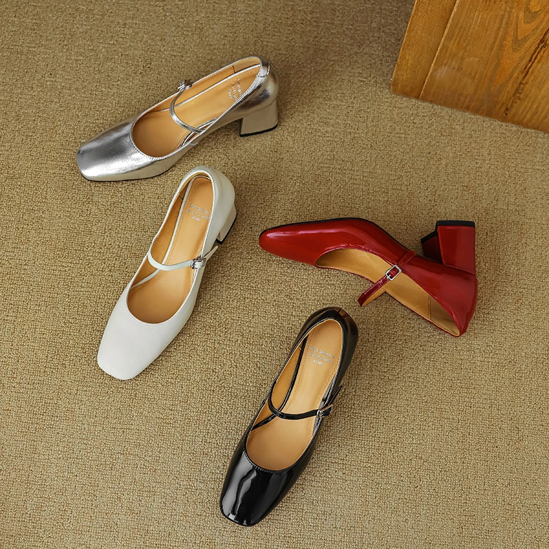 Туфли-лодочки женские из лакированной кожи Туфли Мэри Джейн на толстом каблуке с