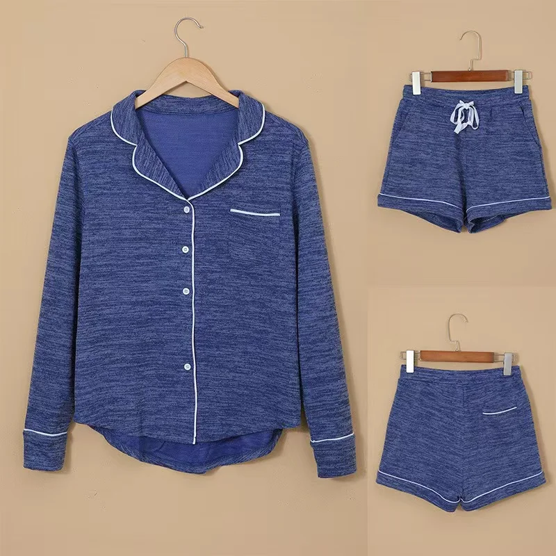 IG Net Red Blogger with The Same Simple Cold Wind Fashion Style Home Wear Suit Long Sleeved Shorts Knitted Pajamas Sets