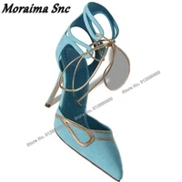 moraima snc pointy toe cross tied hollow sandals pumps blue women high heels shoes women stilettos heels new open toe sandals