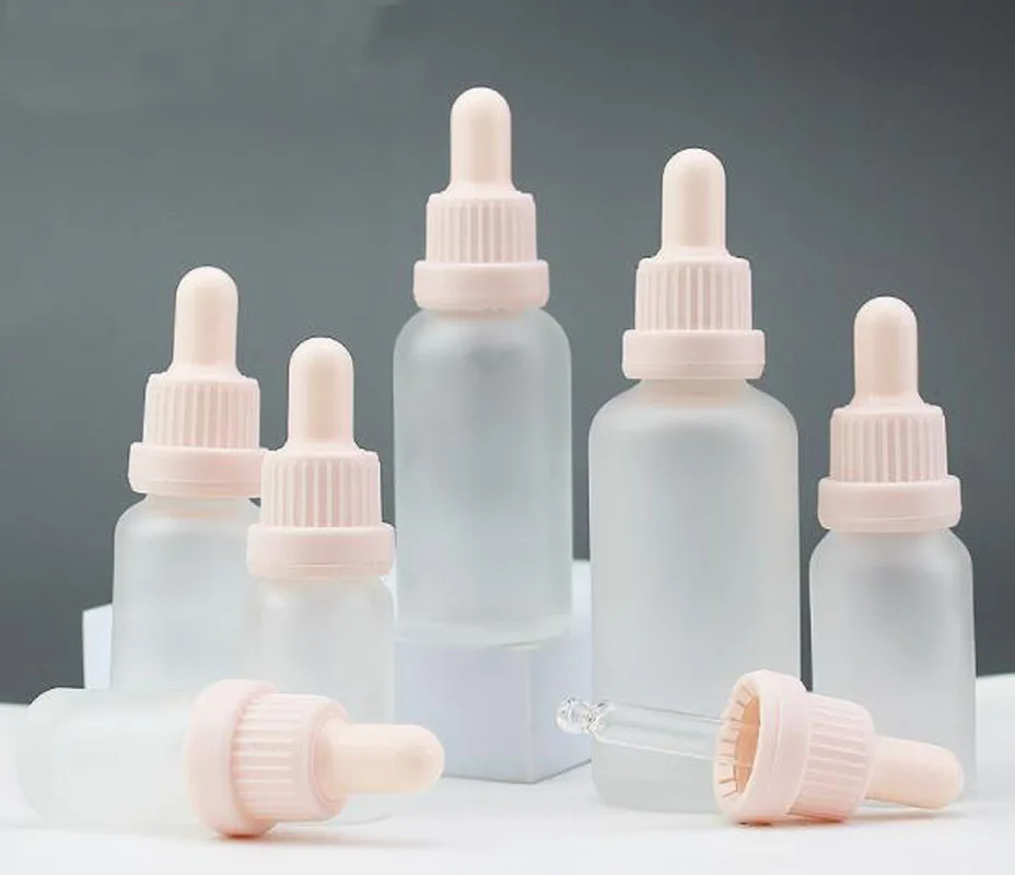 10X5ML-100MFrosted Clear Essential Oil Reagent Dropper Bottle for Aromatherapy Pink Anti-theft Cap Frosted Glass Dropper Bottle