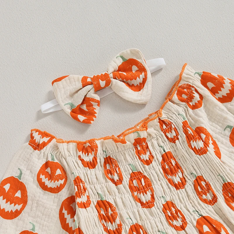 

Newborn Baby Girl Halloween Outfit Pumpkin Long Sleeve Cotton Linen Romper Smocked Bodysuit with Headband Set