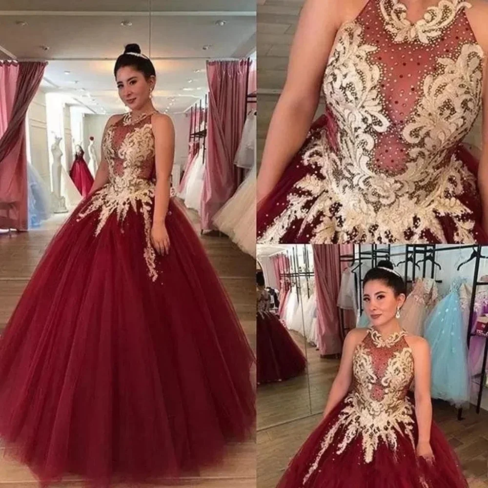 

Burgundy High-Neck Quinceanera Dresses 15 Party Sexy Applique Floor-Length Formal Cinderella Princess Gowns