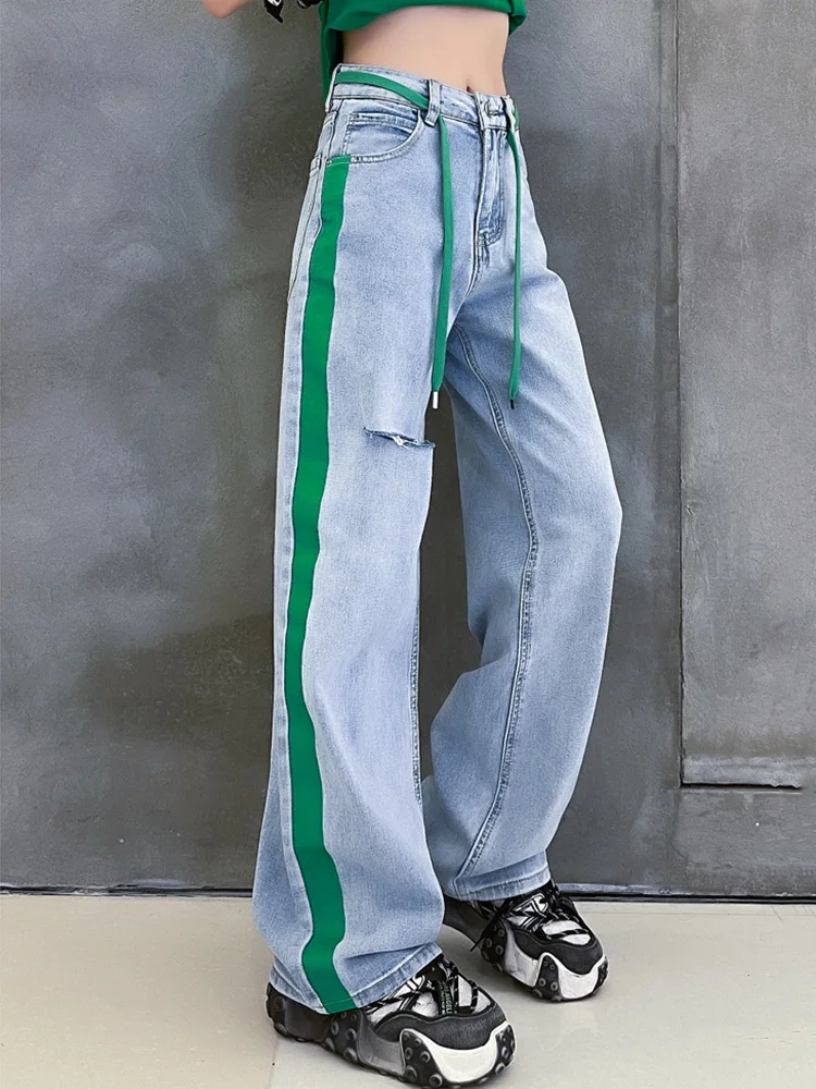 

Длинные джинсы в полоску с высокой талией, повседневные широкие джинсы, новые свободные женские брюки, модные трендовые весенне-осенние 2022 ...