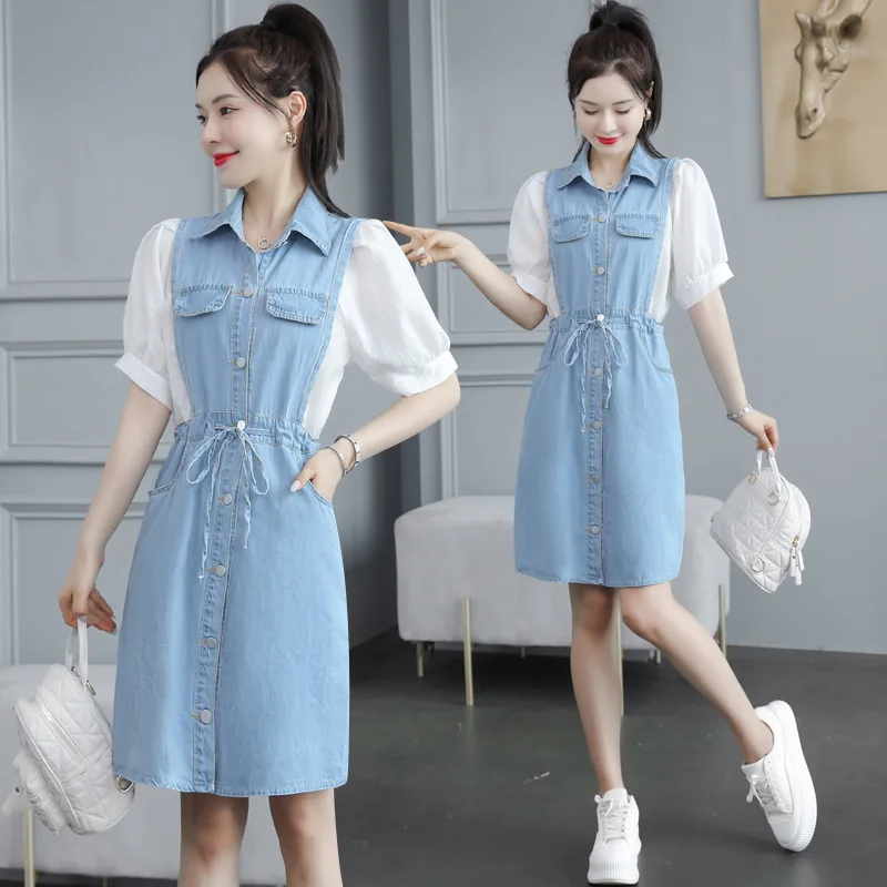 

2023 Summer Women Loose Denim Dress Casual Patchwork Polo-Neck Puff Half Sleeve Drawstring Fashion Single Breasted Dresses
