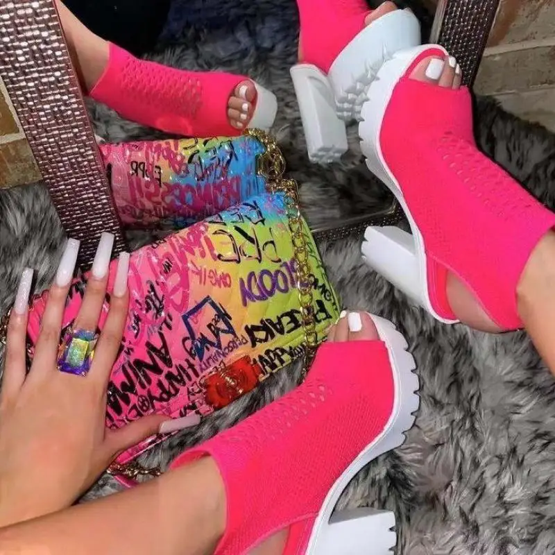 Summer Open Toe Sandals Women's 2022 New Sexy Knit Fabric Ladies Chunky Heels Dress Party Wedding Nightclub Heels 36-43 TGHDOF