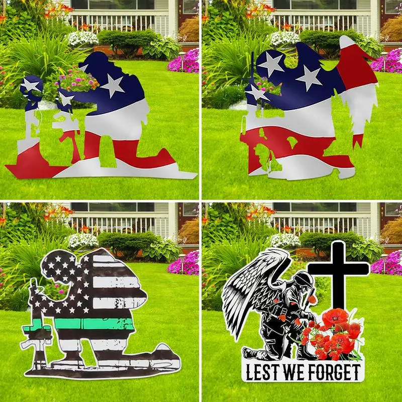 

Garden Stake Decor Kneeling Soldier Garden Stake Metal Decorations Praying Soldier With Cross Outdoor Decoration Veterans Day