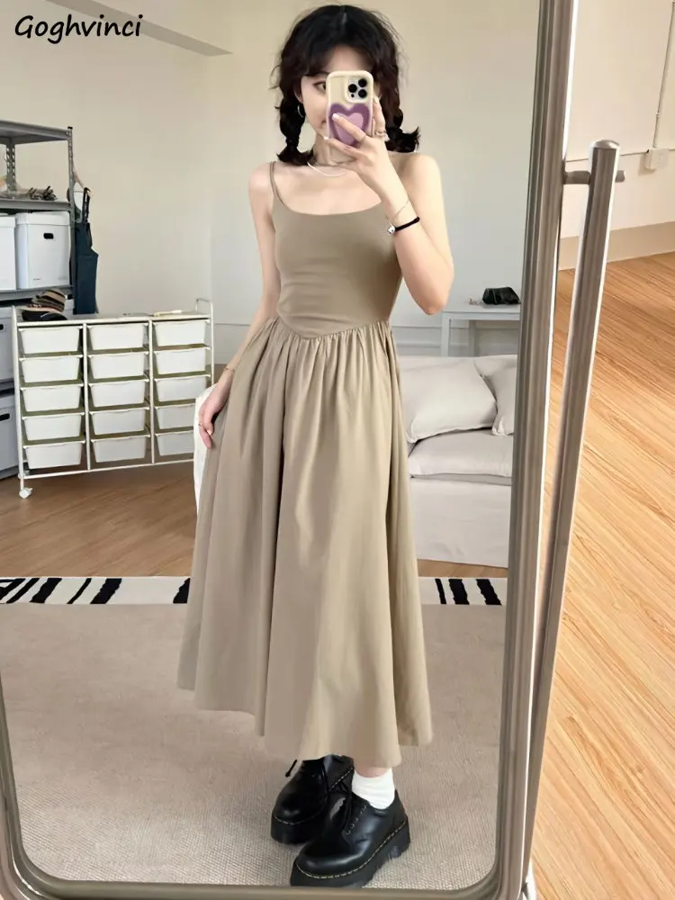 

Женское винтажное платье-трапеция, однотонные универсальные приталенные Повседневные платья до щиколотки в Корейском стиле, Ulzzang, без рукавов, лето