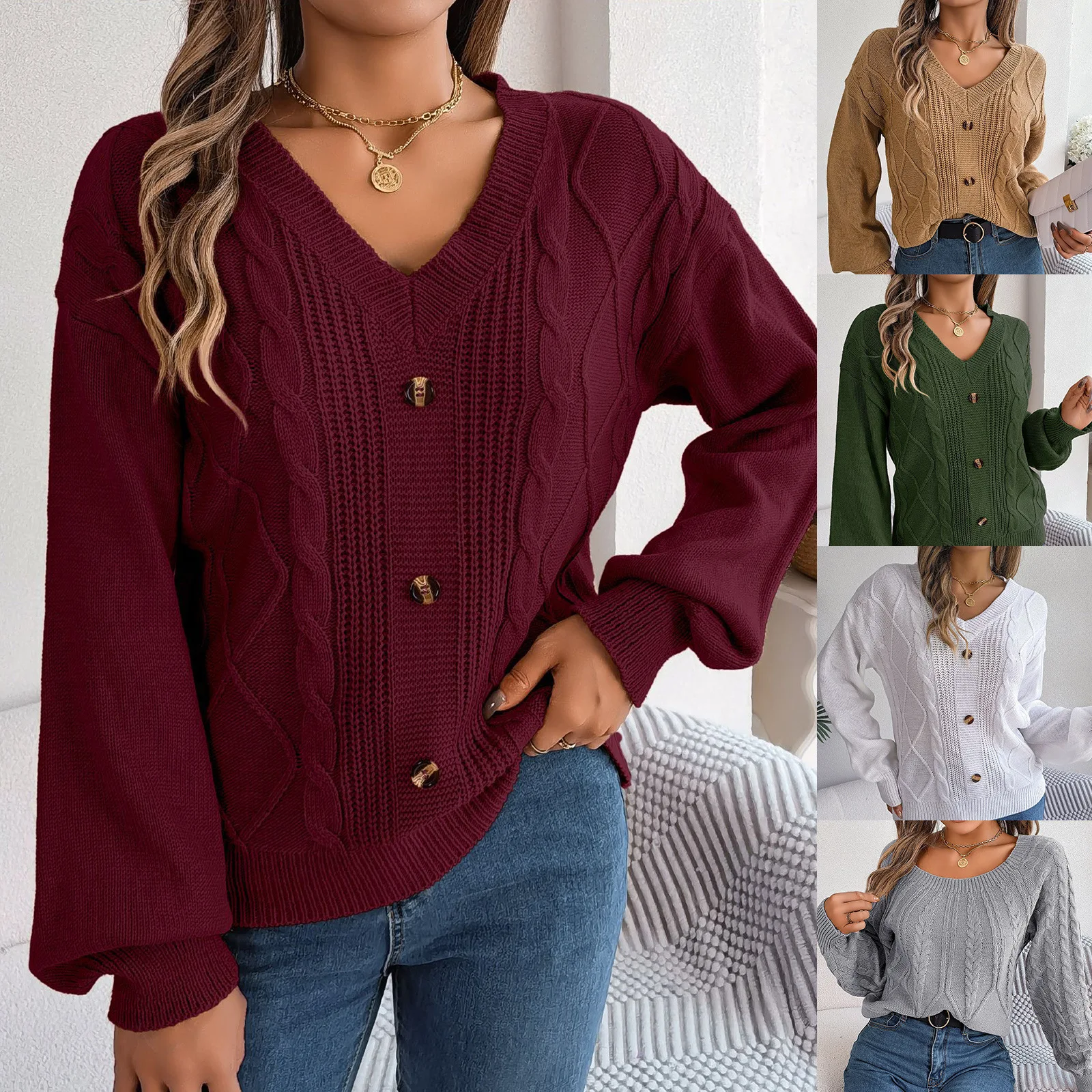 

Women's Fashion Women's Wear Autumn/Winter 2023 Solid Fried Dough Twists V-neck Button Fried Dough Twists Lantern Sleeve Sweater