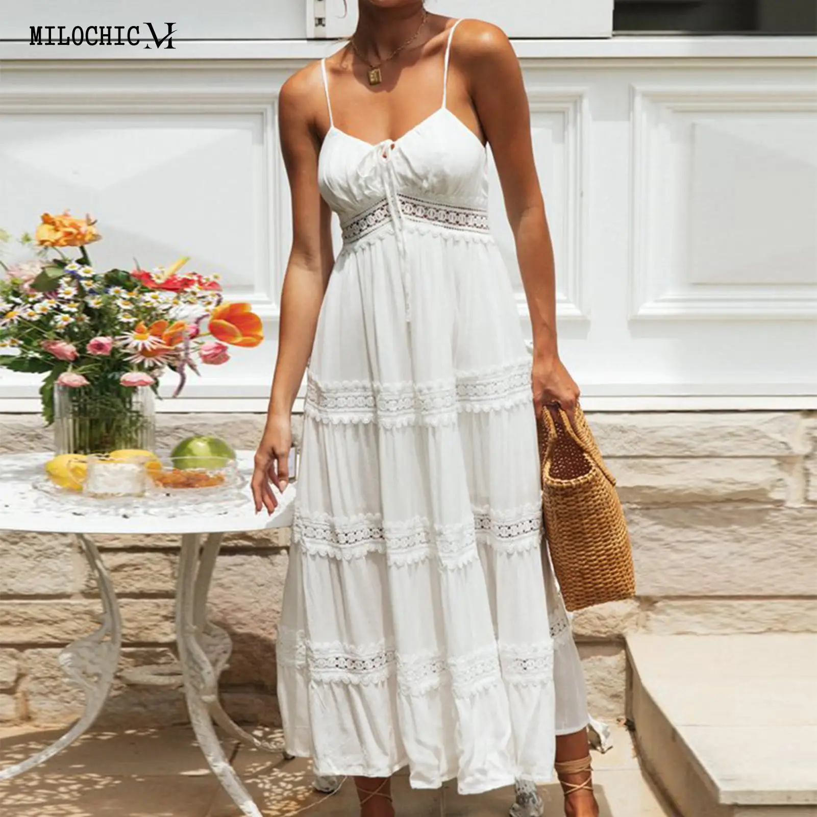 

Ladies Summer Beach Dresses Hollow Out Spaghetti Strap Dress Bohemian Style Lace Trim Loose Fit Sleeveless Vacation Suit