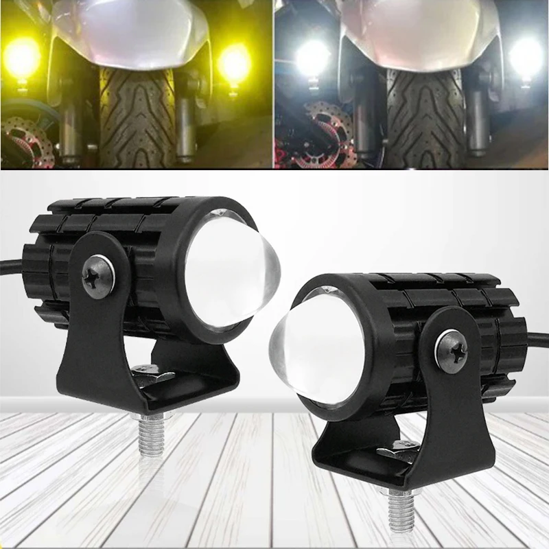 Купи Universal Motorcycle Spotlight Projector Lens Dual Color Mini LED Headlight Auxiliary Yellow White Driving Lamp Motorcycle Led за 401 рублей в магазине AliExpress