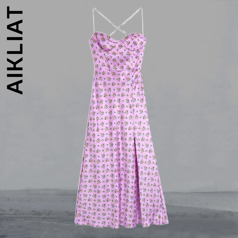 

Aikliat New Dress Women Front Slit Open Back Chic Ladies Midi Dress Slim Vintage Ladies Dress Girl All-Match Female Clothing