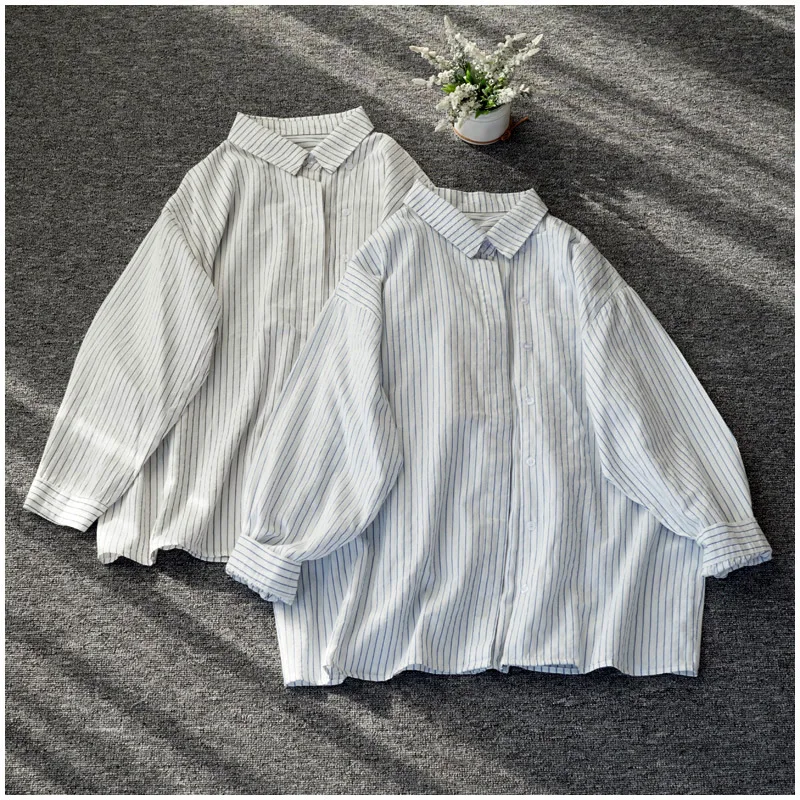 

100% Cotton Women'S Elegant Blouses Vintage Striped Long Sleeve Button Up Shirts & Blouses Blusas Mujer Elegantes Y Juveniles