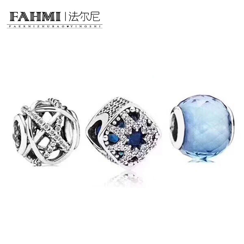 

FAHMI 100% 925 Sterling Silver New 1:1 Snowflake Hollow Glamour Clear Light Blue Glass Beads Set Suitable for Charming Jewelry