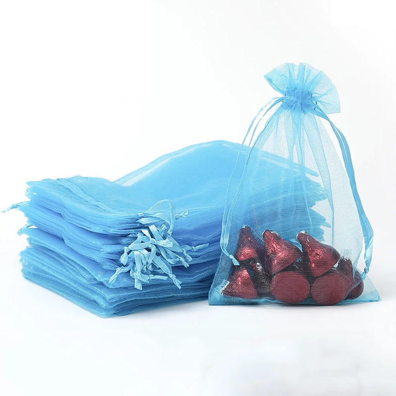 

100PCS Light Blue Organza Bags - Wedding Party Gifts, Candies, Jewelries Packing Pouches Drawable Bags Presents Sweet Pouches